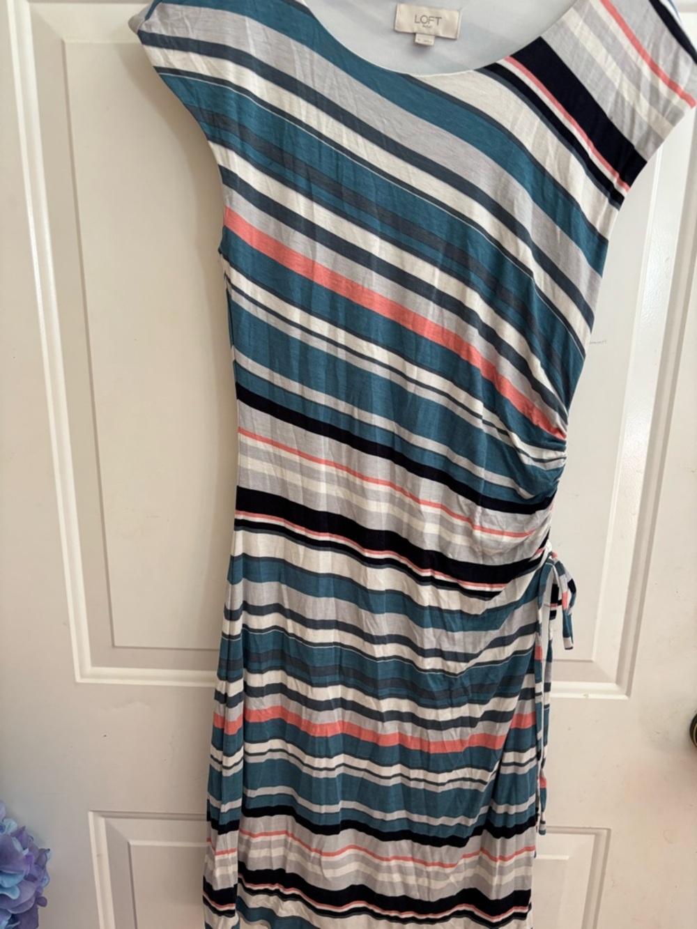 LOFT Teal, White & Coral Striped Tie-Waist Midi Dress